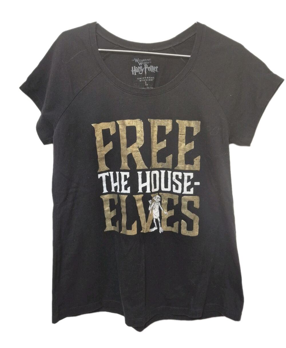 Black Harry Potter Graphic Tee Free the House Elves V-Neck Youth Lg